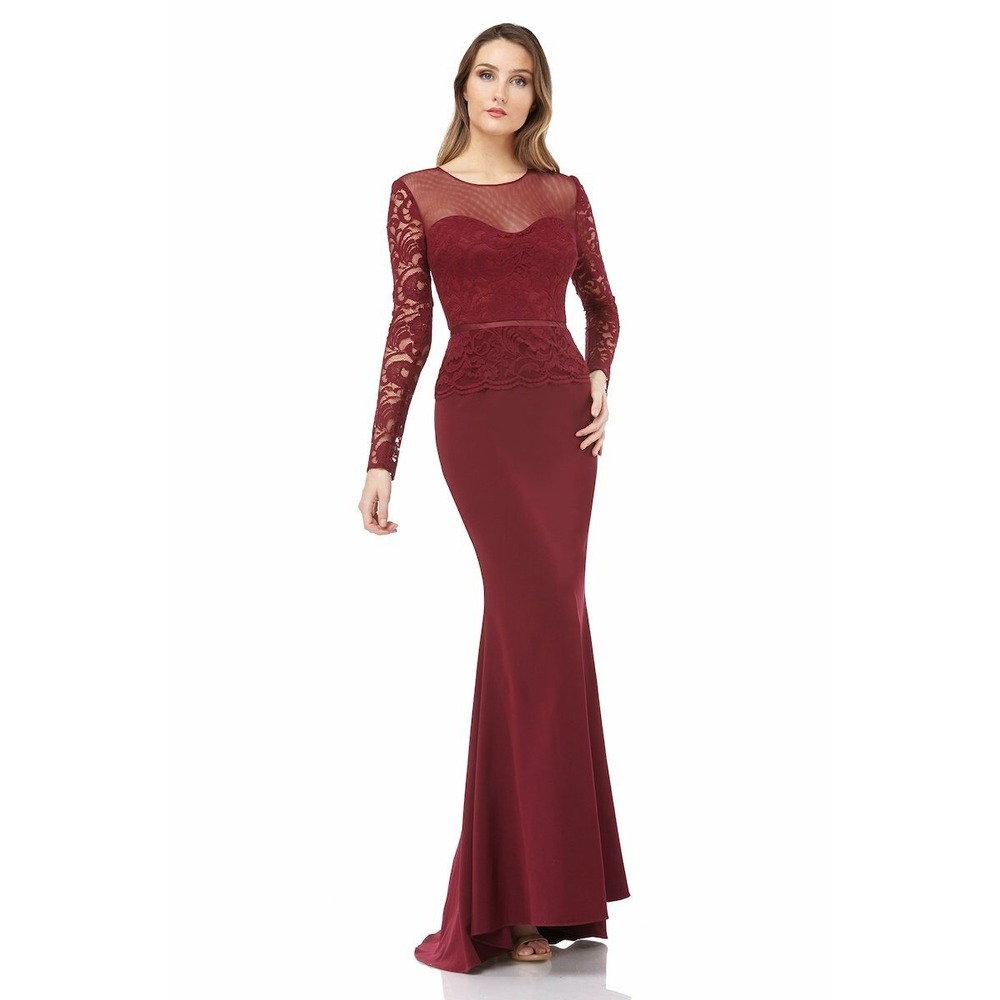 JS Collections ‎ Burgundy Gown Illusion Neck Lace Wedding Party Formal Size 6
